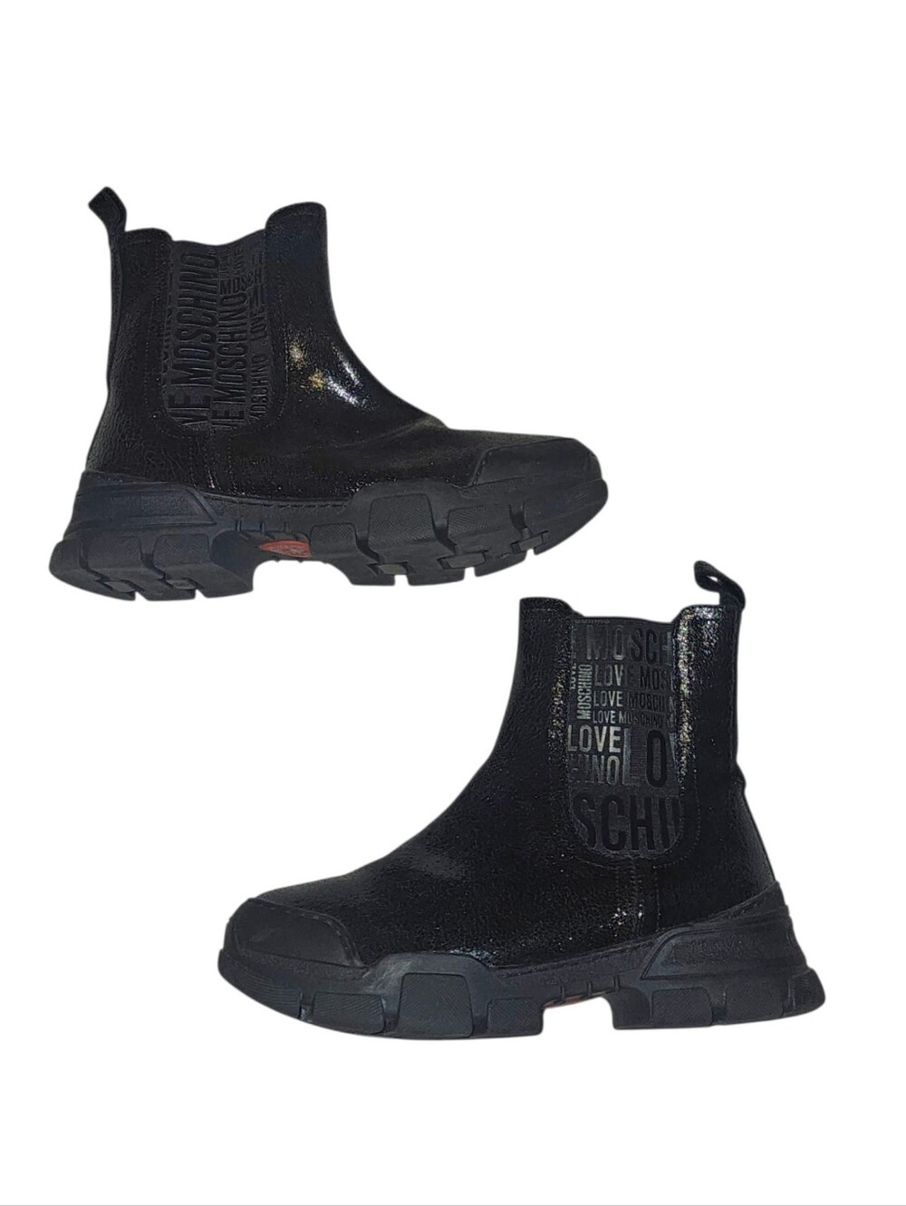 Love Moschino Black Crinkle Cracked Leather Ankle Boots Moto Boots Size 39 8.5/9
